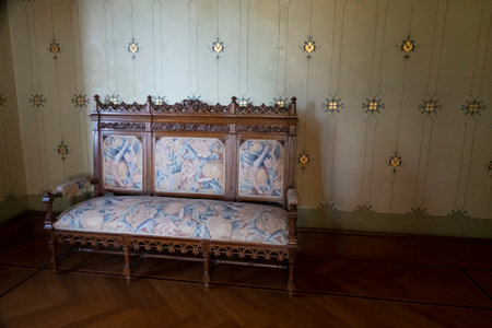 SINTRA, PORTUGAL - 27th JUNE 2022: Beautiful view of the interior design elements, furniture and architecture of the landmark Chalet Biester in Sintra village.のeditorial素材