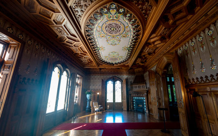 SINTRA, PORTUGAL - 27th JUNE 2022: Beautiful view of the interior design elements, furniture and architecture of the landmark Chalet Biester in Sintra village.のeditorial素材