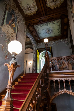 SINTRA, PORTUGAL - 27th JUNE 2022: Beautiful view of the interior design elements, furniture and architecture of the landmark Chalet Biester in Sintra village.のeditorial素材