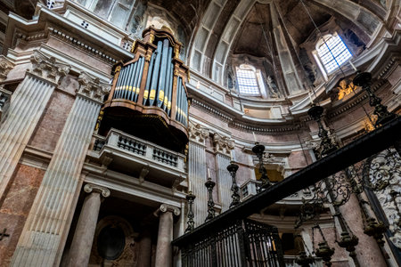 MAFRA, PORTUGAL - 29th JUNE 2022: View of the beautiful pipe organ on the interior of the Cathedral of the Palace of Mafra, Portugal.のeditorial素材