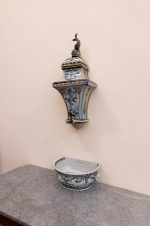 MAFRA, PORTUGAL - 29th JUNE 2022: Close view of a large blessing holy water fountain on the convent of Mafra, Portugal.のeditorial素材