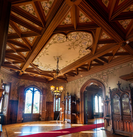 SINTRA, PORTUGAL - 27th JUNE 2022: Beautiful view of the interior design elements, furniture and architecture of the landmark Chalet Biester in Sintra village.のeditorial素材