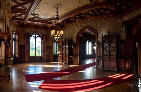 SINTRA, PORTUGAL - 27th JUNE 2022: Beautiful view of the interior design elements, furniture and architecture of the landmark Chalet Biester in Sintra village.のeditorial素材