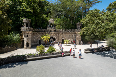 SINTRA, PORTUGAL - 28th JUNE 2022: Beautiful landmark closeup details in Quinta da Regaleira, a park and garden palace built in the end of the 1800s located in Sintra, Portugal.のeditorial素材