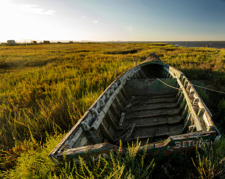 View of old wooden fishing boats near palaphitic docks located in Carrasqueira, Portugal.の写真素材