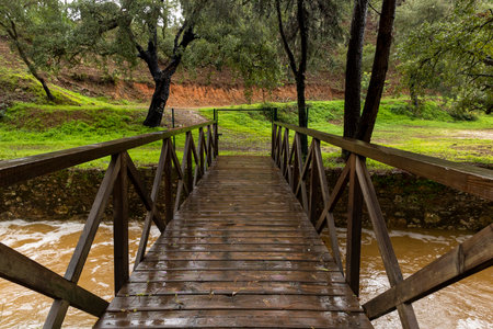 View of a wooden bridge and bellow heavy rains creating high flow brown river water in Sao Bras de Alportel, Fonte Ferrea location, Portugal.の写真素材