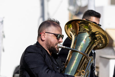 QUERENCA, PORTUGAL - 24th January 2023: Street music band performing at an outdoor festival in Querenca, Algarve, Portugal.のeditorial素材