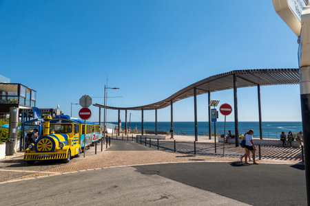 ALBUFEIRA, PORTUGAL - 15th AUGUST 2022: Abstract wooden structure for shade located in Albufeira city best viewpoint.のeditorial素材