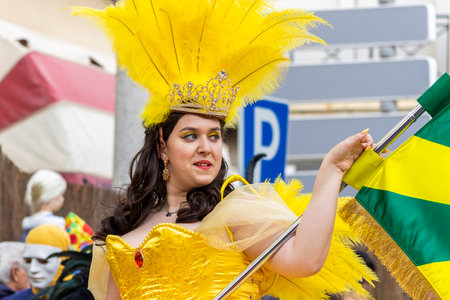LOULE, PORTUGAL - 20th FEBRUARY 2023: Colorful Carnival (Carnaval) Parade festival participants on...