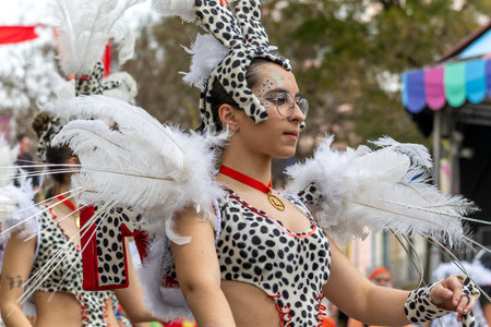 LOULE, PORTUGAL - 20th FEBRUARY 2023: Colorful Carnival (Carnaval) Parade festival participants on Loule city, Portugal.のeditorial素材