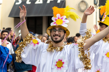 LOULE, PORTUGAL - 20th FEBRUARY 2023: Colorful Carnival (Carnaval) Parade festival participants on Loule city, Portugal.のeditorial素材