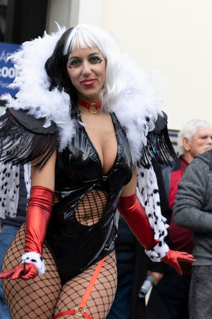 LOULE, PORTUGAL - 20th FEBRUARY 2023: Colorful Carnival (Carnaval) Parade festival participants on Loule city, Portugal.のeditorial素材