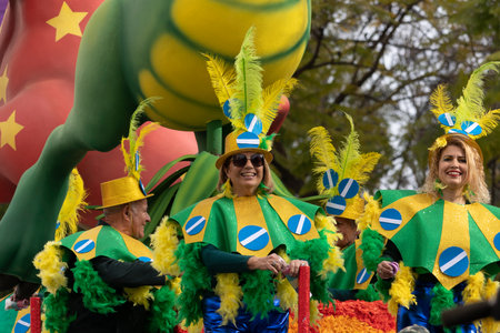 LOULE, PORTUGAL - 20th FEBRUARY 2023: Colorful Carnival (Carnaval) Parade festival participants on...