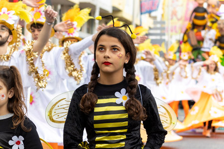 LOULE, PORTUGAL - 20th FEBRUARY 2023: Colorful Carnival (Carnaval) Parade festival participants on Loule city, Portugal.のeditorial素材