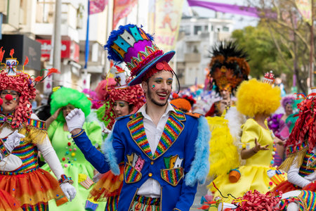 LOULE, PORTUGAL - 20th FEBRUARY 2023: Colorful Carnival (Carnaval) Parade festival participants on Loule city, Portugal.のeditorial素材