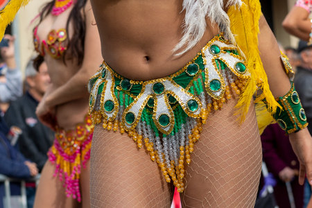Colorful Carnival (Carnaval) Parade festival participants on Loule city, Portugal.