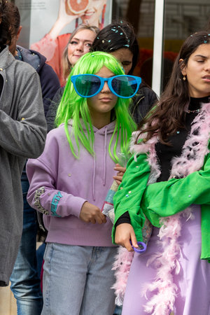 LOULE, PORTUGAL - 20th FEBRUARY 2023: Colorful Carnival (Carnaval) Parade festival participants on Loule city, Portugal.のeditorial素材