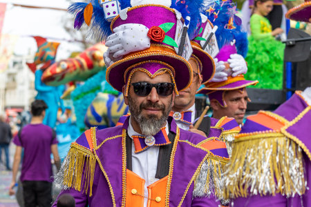 LOULE, PORTUGAL - 20th FEBRUARY 2023: Colorful Carnival (Carnaval) Parade festival participants on Loule city, Portugal.のeditorial素材