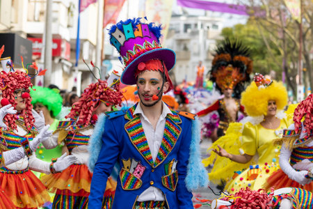 LOULE, PORTUGAL - 20th FEBRUARY 2023: Colorful Carnival (Carnaval) Parade festival participants on Loule city, Portugal.のeditorial素材