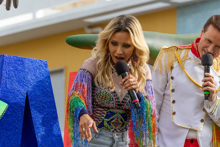LOULE, PORTUGAL - 20th FEBRUARY 2023: Colorful Carnival (Carnaval) Parade festival participants on Loule city, Portugal.のeditorial素材
