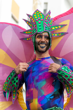 LOULE, PORTUGAL - 20th FEBRUARY 2023: Colorful Carnival (Carnaval) Parade festival participants on Loule city, Portugal.のeditorial素材