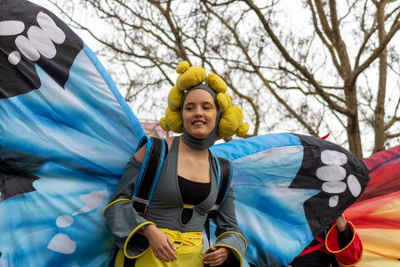LOULE, PORTUGAL - 20th FEBRUARY 2023: Colorful Carnival (Carnaval) Parade festival participants on Loule city, Portugal.のeditorial素材