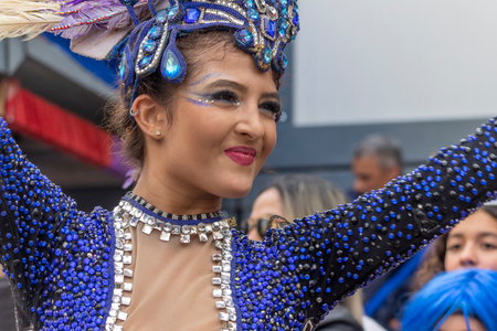 LOULE, PORTUGAL - 20th FEBRUARY 2023: Colorful Carnival (Carnaval) Parade festival participants on Loule city, Portugal.のeditorial素材