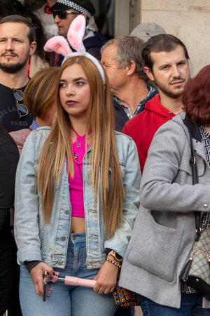 LOULE, PORTUGAL - 20th FEBRUARY 2023: Colorful Carnival (Carnaval) Parade festival participants on Loule city, Portugal.のeditorial素材