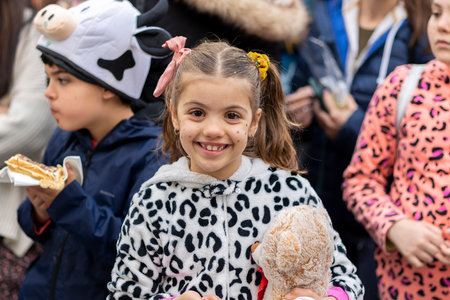 LOULE, PORTUGAL - 20th FEBRUARY 2023: Colorful Carnival (Carnaval) Parade festival participants on Loule city, Portugal.のeditorial素材