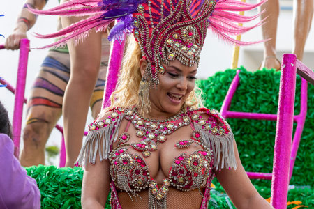 LOULE, PORTUGAL - 20th FEBRUARY 2023: Colorful Carnival (Carnaval) Parade festival participants on...