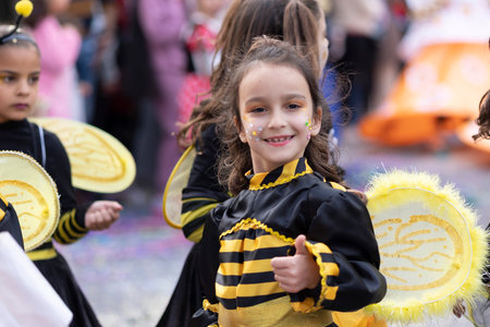 LOULE, PORTUGAL - 20th FEBRUARY 2023: Colorful Carnival (Carnaval) Parade festival participants on Loule city, Portugal.のeditorial素材