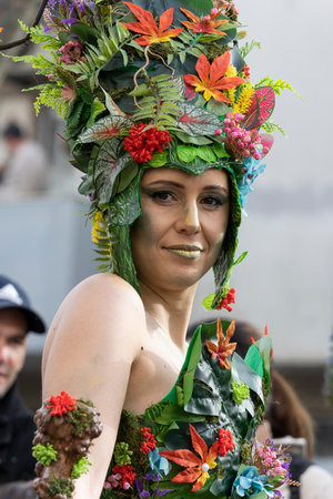 LOULE, PORTUGAL - 20th FEBRUARY 2023: Colorful Carnival (Carnaval) Parade festival participants on Loule city, Portugal.のeditorial素材