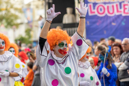 LOULE, PORTUGAL - 20th FEBRUARY 2023: Colorful Carnival (Carnaval) Parade festival participants on Loule city, Portugal.のeditorial素材