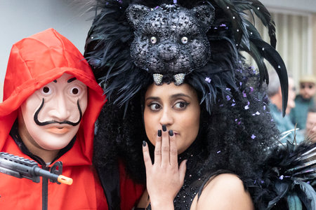 LOULE, PORTUGAL - 20th FEBRUARY 2023: Colorful Carnival (Carnaval) Parade festival participants on Loule city, Portugal.のeditorial素材