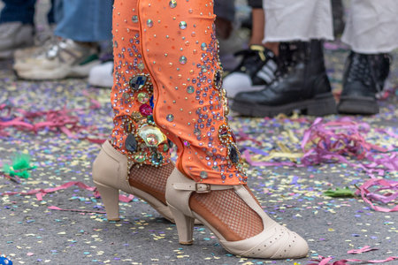 Colorful Carnival (Carnaval) Parade festival participants on Loule city, Portugal.の写真素材
