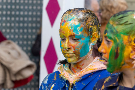 LOULE, PORTUGAL - 20th FEBRUARY 2023: Colorful Carnival (Carnaval) Parade festival participants on Loule city, Portugal.のeditorial素材