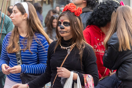 LOULE, PORTUGAL - 20th FEBRUARY 2023: Colorful Carnival (Carnaval) Parade festival participants on Loule city, Portugal.のeditorial素材