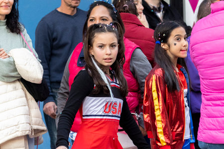 LOULE, PORTUGAL - 20th FEBRUARY 2023: Colorful Carnival (Carnaval) Parade festival participants on Loule city, Portugal.のeditorial素材