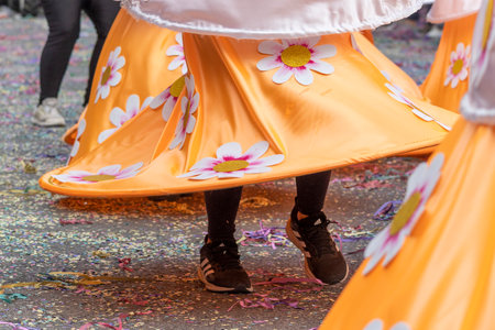 Colorful Carnival (Carnaval) Parade festival participants on Loule city, Portugal.の写真素材