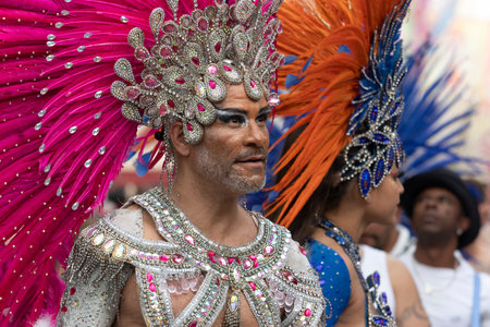 LOULE, PORTUGAL - 20th FEBRUARY 2023: Colorful Carnival (Carnaval) Parade festival participants on Loule city, Portugal.のeditorial素材
