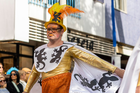 LOULE, PORTUGAL - 23rd FEBRUARY 2023: Colorful Carnival (Carnaval) Parade festival participants on Loule city, Portugal.のeditorial素材