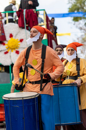 LOULE, PORTUGAL - 23rd FEBRUARY 2023: Colorful Carnival (Carnaval) Parade festival participants on Loule city, Portugal.のeditorial素材