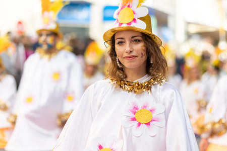 LOULE, PORTUGAL - 23rd FEBRUARY 2023: Colorful Carnival (Carnaval) Parade festival participants on Loule city, Portugal.のeditorial素材