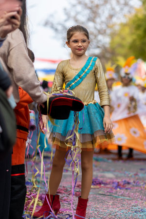 LOULE, PORTUGAL - 23rd FEBRUARY 2023: Colorful Carnival (Carnaval) Parade festival participants on Loule city, Portugal.のeditorial素材