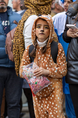 LOULE, PORTUGAL - 23rd FEBRUARY 2023: Colorful Carnival (Carnaval) Parade festival participants on Loule city, Portugal.のeditorial素材