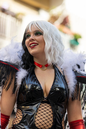 LOULE, PORTUGAL - 23rd FEBRUARY 2023: Colorful Carnival (Carnaval) Parade festival participants on Loule city, Portugal.のeditorial素材