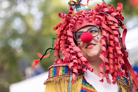 LOULE, PORTUGAL - 23rd FEBRUARY 2023: Colorful Carnival (Carnaval) Parade festival participants on Loule city, Portugal.のeditorial素材