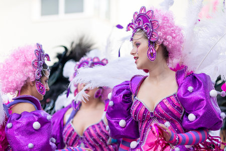 LOULE, PORTUGAL - 23rd FEBRUARY 2023: Colorful Carnival (Carnaval) Parade festival participants on Loule city, Portugal.のeditorial素材