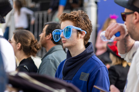 LOULE, PORTUGAL - 23rd FEBRUARY 2023: Colorful Carnival (Carnaval) Parade festival participants on Loule city, Portugal.のeditorial素材