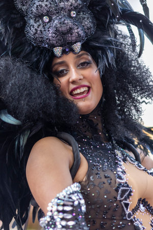 LOULE, PORTUGAL - 23rd FEBRUARY 2023: Colorful Carnival (Carnaval) Parade festival participants on Loule city, Portugal.のeditorial素材